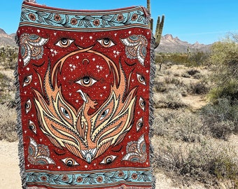 Phoenix Rising Woven Throw Blanket, Phoenix evil eye mystical Woven Throw, witchy Large Throw Blanket, Tapestry throw blanket
