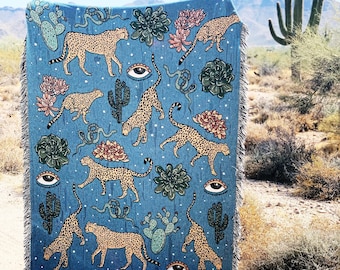 Leopard Cactus Evil Eye Throw Blanket, Leopard Pattern with succulents Woven Throw, desert leopard Large Tapestry Throw Blanket