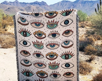 Evil Eye Woven Throw Blanket, Evil Eye Pattern Woven Throw, Mystical Eye Pattern Large Throw Blanket, Eye pattern Tapestry throw blanket