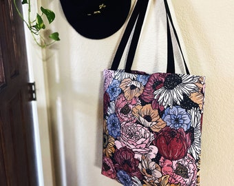 Retro Floral Pattern Tote Bag, Retro floral Grocery Bag, Retro colors floral Tote Bag, 18x18 16x16 13x13 Tote Bag black handle