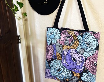 Gothic Floral Pattern Tote Bag, Mystical flowers Grocery Bag, dark floral Tote Bag, 18x18 16x16 13x13 Tote Bag black handle