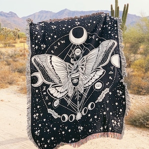 Death Moth Woven Throw Blanket, Gothic Mystical Moth Woven Throw, Mystical Moth Mother Throw Blanket, Moth with moon phases woven blanket