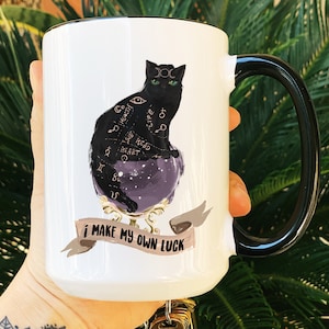 Cat Mug, Witchy Mug, Cat lover gift, Magic Ball mug, Sorceress Mug, Mystical Mug, black cat club mug, I make my own luck mug, black cat mug