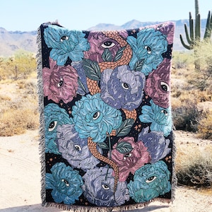 Gothic evil eye floral snake woven throw blanket, floral snake Moon blanket, snake floral Pattern Woven Throw, Mystical Large Throw Blanket