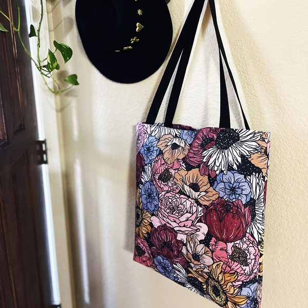 Retro Floral Pattern Tote Bag, Retro floral Grocery Bag, Retro colors floral Tote Bag, 18x18 16x16 13x13 Tote Bag black handle