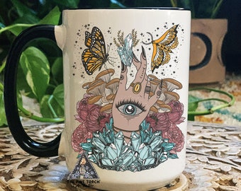 witchy crystals mug, witchy hand crystals mushrooms mug, witchy mushroom crystals mug, witchy hand with crystals mug