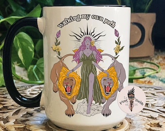 Woman with lions Mug, feminist woman with lions mug, mystical leo lion mug, walking my own path mug, woman holding lions mug, goddess mug