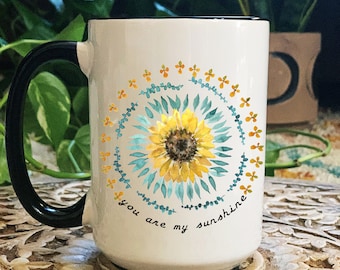 sunshine sunflower mug, sunshine mug, boho sunshine mug, boho floral mug, sunshine 15 oz mug, 15 oz mug black handle, black handle mug