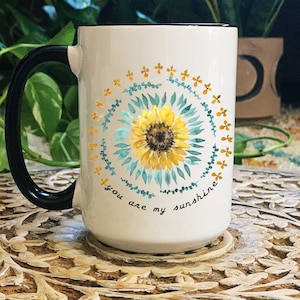 sunshine sunflower mug, sunshine mug, boho sunshine mug, boho floral mug, sunshine 15 oz mug, 15 oz mug black handle, black handle mug