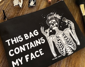 Skeleton Zipper Cosmetic Pouch, This bag contains my face zipper pouch, funny cosmetic case, skeleton woman cosmetic zip pouch