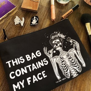 Skeleton Zipper Cosmetic Pouch, This bag contains my face zipper pouch, funny cosmetic case, skeleton woman cosmetic zip pouch