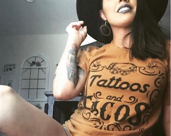 Tattoos and Tacos Tee, Taco Tuesday Shirt, Tattoo Mama Shirt, Tattoos and Tacos Women's Tee, Camel Mustard Tee, Funny Taco Tee, Tattoo Tee