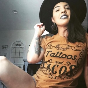 Tattoos and Tacos Tee, Taco Tuesday Shirt, Tattoo Mama Shirt, Tattoos and Tacos Women's Tee, Camel Mustard Tee, Funny Taco Tee, Tattoo Tee