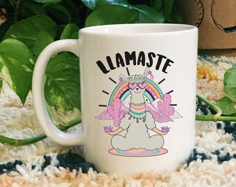 Llama mug, llamaste mug, meditating llama mug, yoga llama mug, funny llama mug, llama meditating mug, mug with black rim, mug black handle