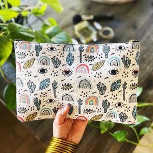 Rainbow Evil Eye Cactus Pattern Zipper Cosmetic Pouch, cactus rainbow cosmetic zipper pouch, crystal cosmetic zip pouch