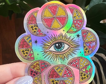 Moon phase pizza Holographic Waterproof Sticker, mystical pizza moon sticker, Waterproof holographic Water bottle, laptop, phone stickers