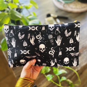 Witchy moth skull mystical pattern Zipper Cosmetic Pouch, triple moon witchy pattern cosmetic zipper pouch, witchy makeup zip cosmetic bag