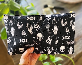 Witchy moth skull mystical pattern Zipper Cosmetic Pouch, triple moon witchy pattern cosmetic zipper pouch, witchy makeup zip cosmetic bag