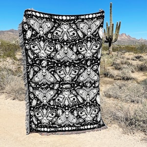 Moth Moon Pattern Woven Throw Blanket, Mystical Moth Pattern Woven Throw, Witchy Moth Throw Blanket, Moth with moon phases woven blanket