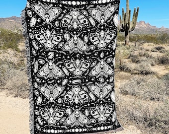 Moth Moon Pattern Woven Throw Blanket, Mystical Moth Pattern Woven Throw, Witchy Moth Throw Blanket, Moth with moon phases woven blanket