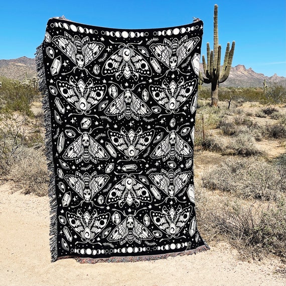 Moth Moon Pattern Woven Throw Blanket, Mystical Moth Pattern Woven Throw, Witchy Moth Throw Blanket, Moth with moon phases woven blanket