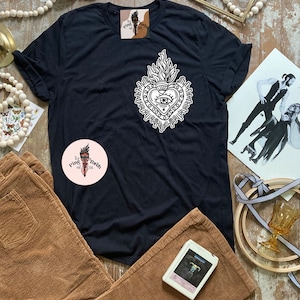 Sacred heart Tee, Witchy sacred heart tee, witchy sacred heart black shirt, Witchy flaming heart shirt, sacred heart shirt design