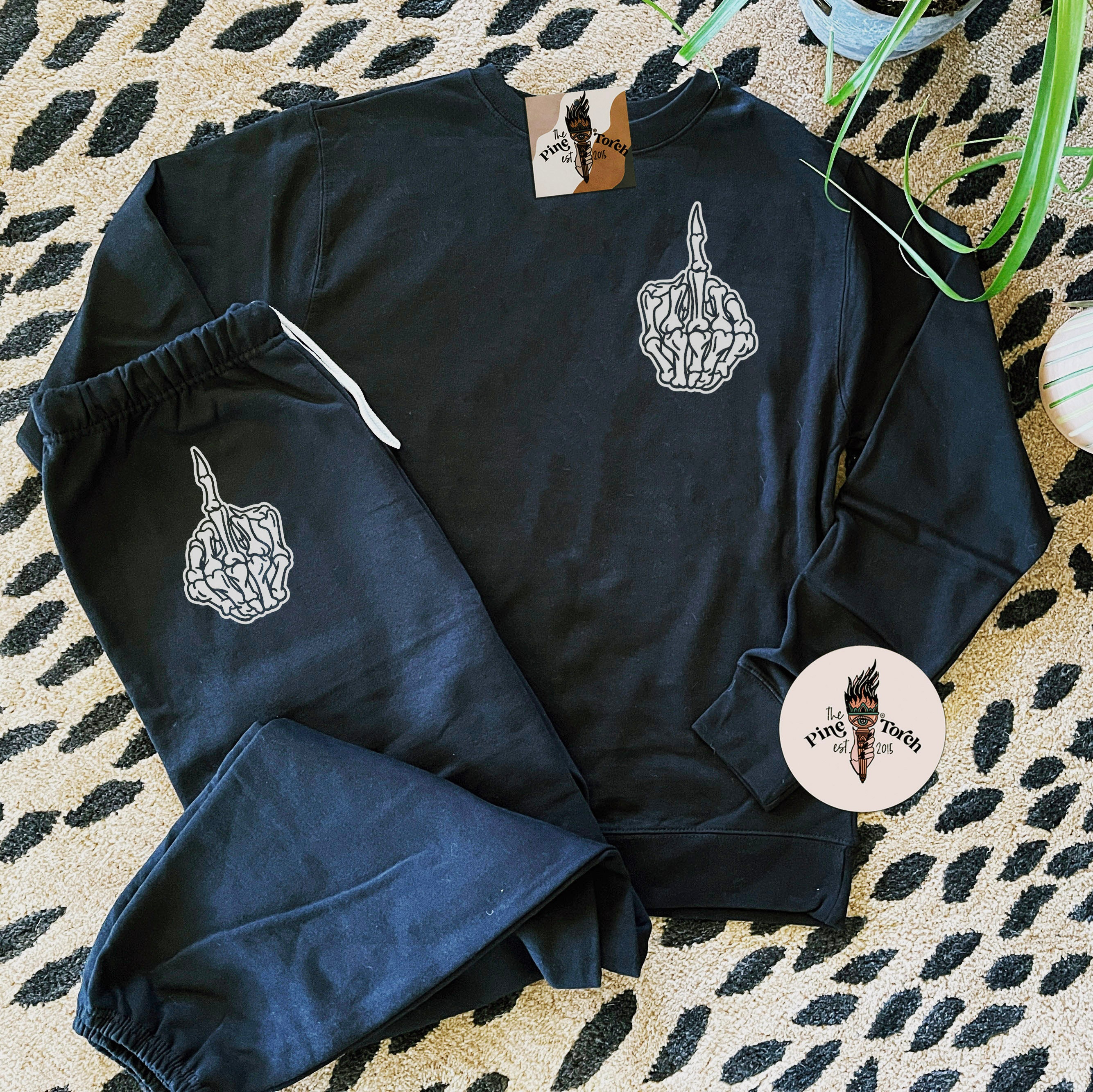 Middle finger skeleton Lounge Set, F off skeleton jogging pants and pullover matching set, swear finger F off skeleton jogging pants
