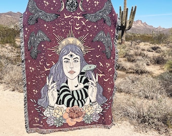 Goddess with Crows Woven Throw Blanket, Goddess with snake and crows mystical Woven Throw, witchy Throw Blanket, Tapestry throw blanket