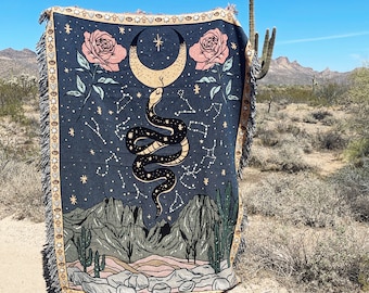 Mystical Desert Succulent Skull Cactus Snake Throw Blanket, Gothic deserl evil eye Woven Throw, desert cactus Large Tapestry Throw Blanket