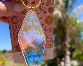 Evil Eye Crystals Holographic Hotel Keychain, Evil Eye gift, irridescent hotel keychain, Acrylic hotel Keychain