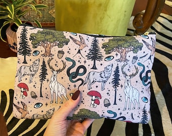 Deer Wolf Forest Pattern Zipper Cosmetic Pouch, forest Pattern cosmetic zipper pouch, deer pattern cosmetic case, oranges cosmetic zip pouch