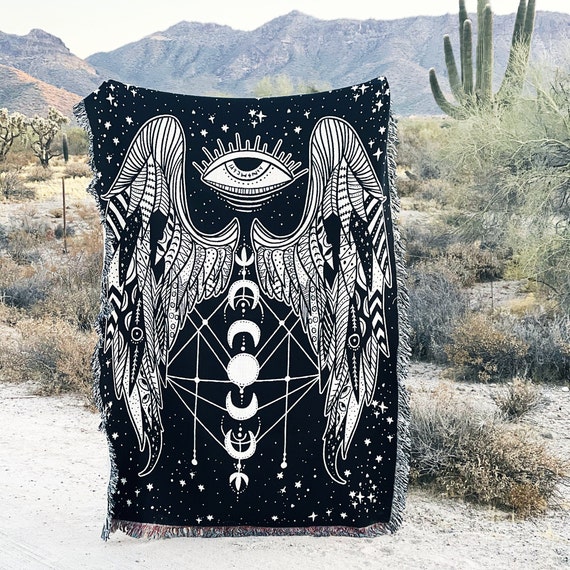 Angel Wings Moon Phases Woven Throw Blanket, Mystical Evil Eye