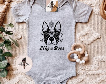 Boston terrier baby bodysuit, boston terrier baby, boston terrier baby gift, like a boston terrier, I'm the boss shirt, bossy baby