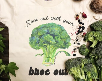 Funny Broccoli tee, Rock out with your broc out kids tee, fruit and veggie tee, edgy kid tee, edgy fruit tee, edgy pear tee, funny tee