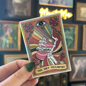 The Dry Shampoo Tarot Card Holographic Sticker, funny mom tarot card sticker, mom funny tarot Sticker Water bottle laptop phone sticker