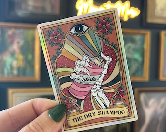 The Dry Shampoo Tarot Card Holographic Sticker, funny mom tarot card sticker, mom funny tarot Sticker Water bottle laptop phone sticker