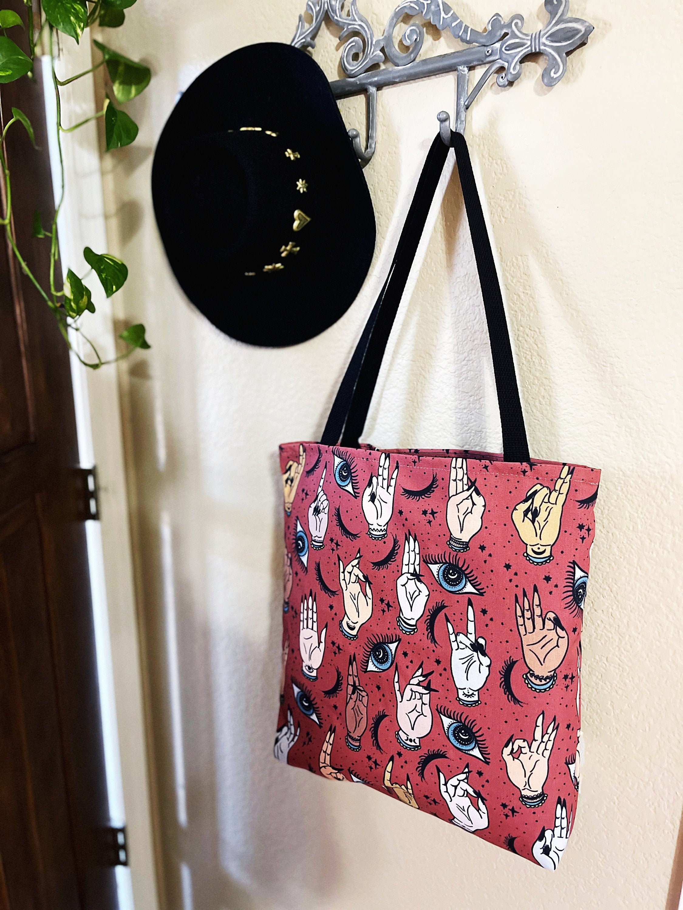 Mudra Pattern Tote Bag, Mystical Mudra Theme Grocery Bag, Mudra