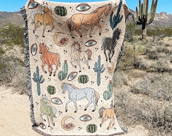 Western Horse pattern Woven Throw Blanket, Horse cactus Woven Throw, horse cactus moon Large Throw Blanket, western Tapestry throw blanket