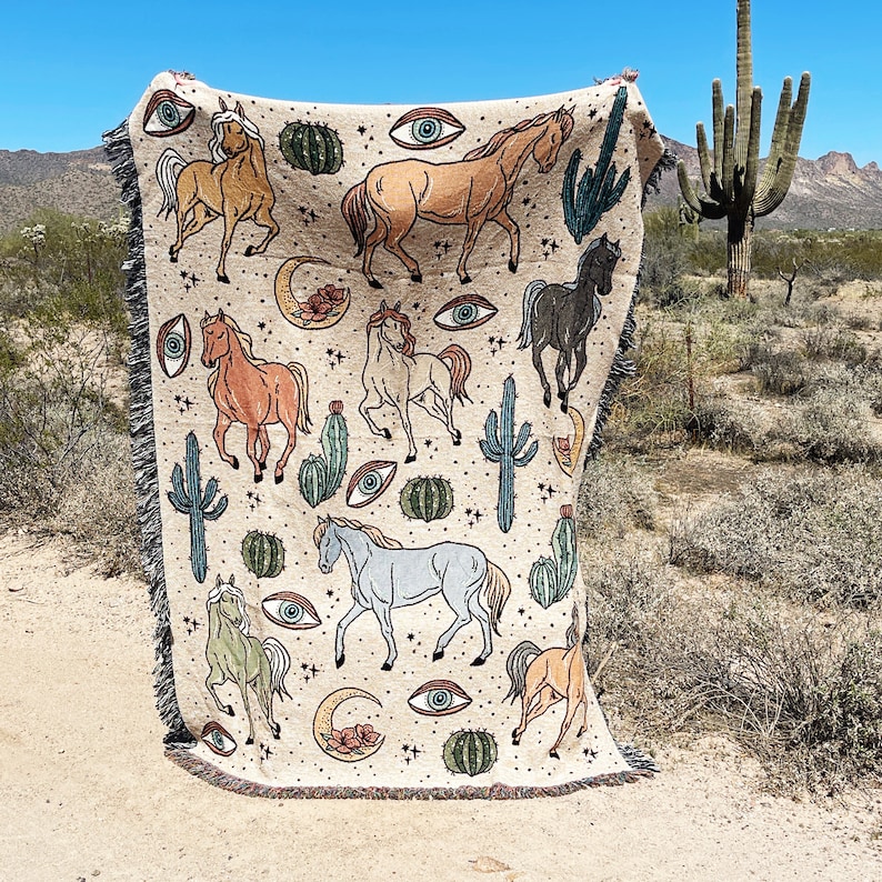 Western Horse pattern Woven Throw Blanket, Horse cactus Woven Throw, horse cactus moon Large Throw Blanket, western Tapestry throw blanket