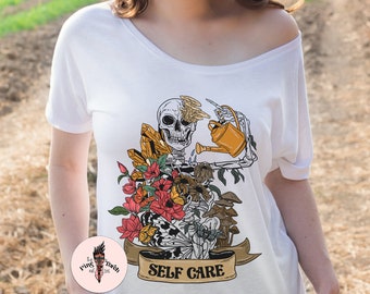 Chemise ample squelette auto-soins, chemise florale de cristaux de champignons squelettes, chemise auto-soins, chemise squelette, chemise arrosoir squelette