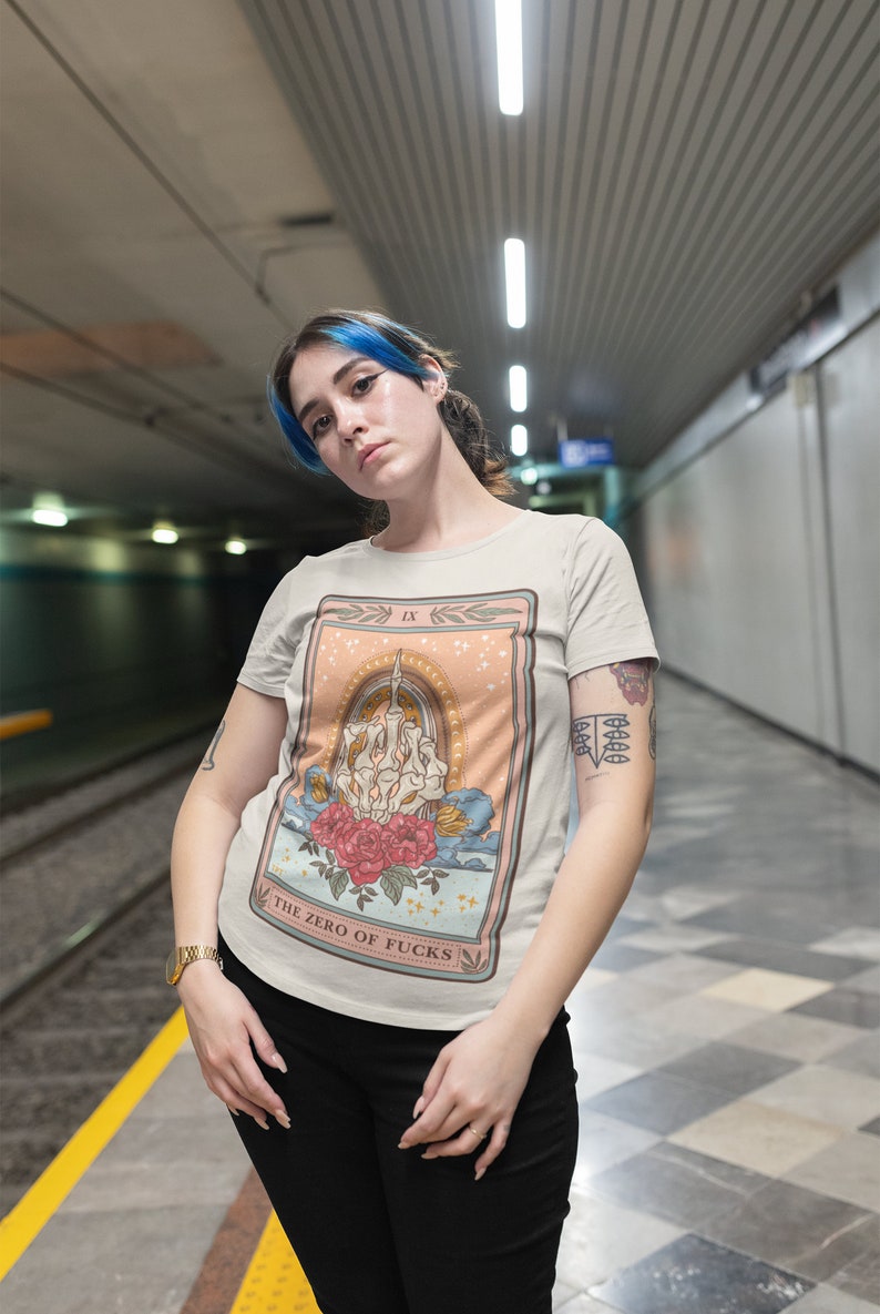 The Zero of Fucks Tarot Card Shirt, Skeleton swear finger Tarot Card Tee, skeleton hand tarot shirts, middle finger tarot shirt image 3