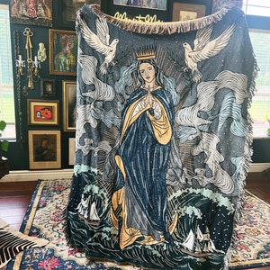 Our Lady Star of the Sea woven fringe blanket, oversized Virgin Mary stella mare star of the sea woven blanket, skeleton blanket