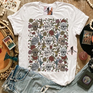 Gothic Skull Floral shirt, Day of the dead skull with birds tee, retro gothic skull shirt, gothic skull pattern shirt, skull with birds tee