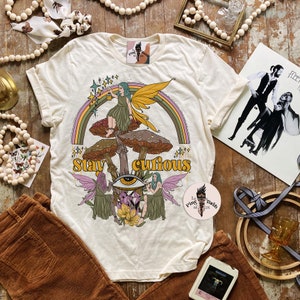 Stay curious mushroom funghi Tee, Mushroom fairy fae Tee, mystical faerie mushrooms rainbow tee, fairy mushroom funghi fae tee