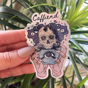 Caffiene fiend Card Holographic Sticker, Skeleton coffee sticker, Waterproof coffee skull Sticker, Water bottle, laptop, phone stickers