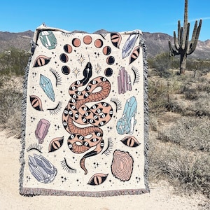 Snake moon phase witchy Woven Throw Blanket, Witchy moon snake crystals Woven Throw, witchy Large Throw Blanket, Tapestry throw blanket