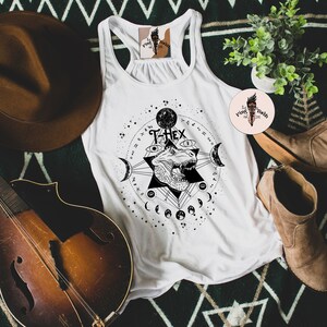 T Hex Moon phases tank, t rex occult moon tank, t rex mystical witchy tank, witchy t rex tank, t hex witchy tank