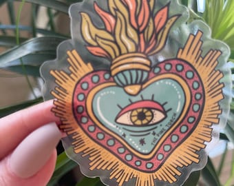 Sacred Heart Clear Waterproof Sticker, Sacred Flaming Heart sticker, Waterproof clear Sticker, Water bottle, laptop, phone stickers
