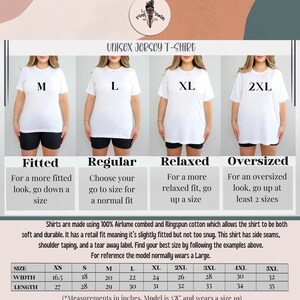 May include: Unisex jersey t-shirt size chart with measurements in inches. The chart shows the different fits available: fitted, regular, relaxed, and oversized. The chart also includes the width and length measurements for each size from XS to 5XL.