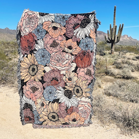 Retro Floral Woven Throw Blanket Floral Large Woven Blanket Etsy